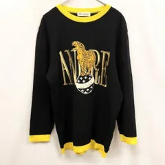古着 ANDRE LUCIANO - - レディース プルオーバー ニット セーター ヒョウ 刺繍 ラインストーン 長袖 毛100% ブラック×イエロー×ゴールド 黒