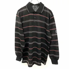 古着 PGA TOUR - L メンズ ゴルフ 透け感 ポロシャツ ボーダー 鹿の子 ロゴ刺繍 ポケット無し 長袖 ポリ100% ブラック×レッド×ホワイト 黒