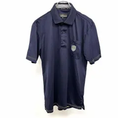 【中古】[印象AB] GREG NORMAN グレッグノーマン ポロシャツ メンズ M ネイビー×イエロー 紺 ポリ100% 胸ポケット付き ゴルフ 同色のハニカム柄 サメのワッペン 半袖のサムネイル