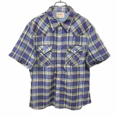 【中古】[印象AB] Wrangler ラングラー ダブルガーゼシャツ メンズ M ネイビー 紺×緑×紫 綿100% ウエスタン 半袖 両胸フラップポケット レギュラーカラーのサムネイル