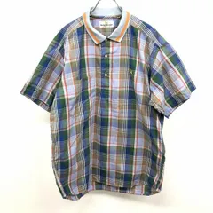 【中古】[印象B] DUNLOP Open Golf ダンロップ オープンゴルフ プルオーバーシャツ メンズ L 紺×オレンジ×緑×ベージュ 綿×麻 胸にフラッグロゴ刺繍 右胸にポケット ロングテール オーバーサイズ チェック リブカラー 半袖のサムネイル