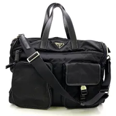 PRADA 三角ロゴプレート 2WAYショルダー レザー×ナイロン ブラック ハンドバッグ シルバー