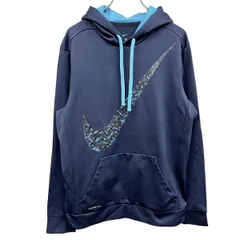 古着 ナイキ NIKE パーカー プルオーバー スウェット 裏起毛 ヒョウ柄のロゴプリント ビッグスウォッシュ 長袖 ポリ100% M ネイビー 紺 メンズ