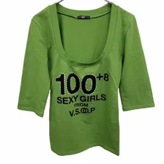 古着 スライ SLY Tシャツ Uネック ラインストーン 5分袖 ストレッチ スキニーフィット 綿×ポリウレタン M ヘザーグリーン 杢緑×黒 レディース