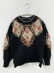 VIGOROUS ニット/セーター ブラック ウール・ニット 花柄・ボタニカル柄 刺繍 クルーネック(丸首) 長袖 ミドル丈