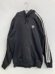 adidas アディダス パーカー L ブラック コットン 裏起毛 ワンポイント ブランドロゴ ライン柄 プルオーバー 長袖