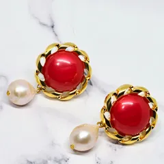淡水パール イヤリング コーラルレッド ゴールド 揺れる 華やか 結婚式 パーティー フォーマル 一点物
