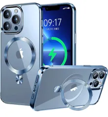 ★【CD MagSafeリング・スタンド一体】iPhone13 Pro クリアケース[MagSafe対応・隠しスタンド] [本体の色・メッキバンパー]ストラップホール付き 角度調整可 米軍MIL規格取得・耐衝撃 アイホン13 Pro透明ケース (シェラブルー)