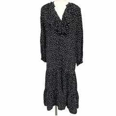 古着 ザラ ZARA ワンピース ロング ドット柄 スキッパー Vネック プルオーバー 長袖(7分袖？) フリルネック レーヨン100% S ブラック レディース