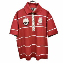 【中古】[印象A] IGNIO イグニオ ポロシャツ メンズ M レッド 赤×ベージュ×シルバー ポリ×綿 ゴルフ 鹿の子 ボーダー×チェック 半袖 英字 ロゴのサムネイル