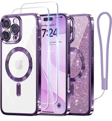 ★Meifigno ケース iPhone 16 Pro 6.3インチ用 [MagSafe対応] [スクリーンプロテクター2枚] [グリッターカード&リストストラップ] サラウンドレンズ保護 iPhone 16 Pro ケース用 パープル