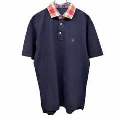 古着 ポロバイラルフローレン ポロシャツ 鹿の子 チェック柄の襟 刺繍 半袖 綿100% 170 ネイビー 紺×赤系×オレンジ×白 ジュニア メンズ