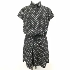 古着 COMME CA ISM 薄手 ワンピース スカート裏地付き ドット×ダイヤ ウエストにゴムと紐 ポリ100% L ブラック×オフホワイト 黒 レディース
