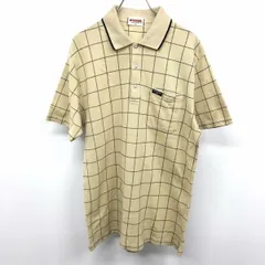 古着 McGREGOR マックレガー L メンズ ポロシャツ カットソー ラインチェック柄 鹿の子 半袖 胸ポケット 綿100% コットン イエローベージュ系
