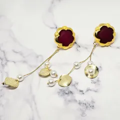 淡水パール イヤリング ボルドー ゴールド 揺れる 上品 結婚式 フォーマル 一点物