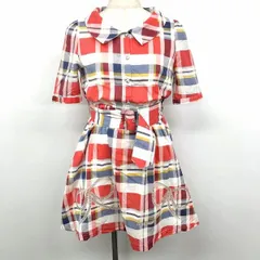 古着 Arnold Palmer - 1 レディース 薄手 ワンピース 裏地付き チェック ウエストゴム スカートのリボン部分がレース 綿100% 赤系×紺×黄×白