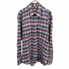 古着 ファーストダウン 起毛シャツ チェック 両胸フラップポケット 長袖 アクリル×毛×ポリウレタン L ワインレッド×青系×グレー メンズ