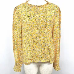 古着 ZARA プルオーバーシャツ ブラウス 長袖 花柄 トロピカル生地 ピンタックプリーツ レーヨン100% M イエロー 黄×黒×緑×白 レディース