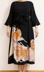 一点物 着物リメイク ワンピース ドレス 黒留袖 正絹 駒刺繍 鼓孔雀花文