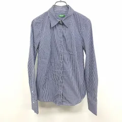 古着 UNITED COLORS OF BENETTON 若干薄手 シャツ ストレッチ ストライプ フライフロント 長袖 綿×ナイロン×ポリウレタン XS 紺 レディース