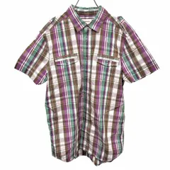 【中古】[印象AB] DIESEL ディーゼル シャツ メンズ L パープル 紫×緑×茶×白 綿100% チェック エポレット 半袖 フラップ付き両胸ポケット ロングテールのサムネイル