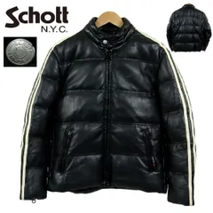 【S3778】【羊革】SCHOTT ショット モーターサイクルダウンジャケット レザージャケット オールレザー 3111012 ブラック サイズLのサムネイル