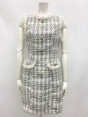 1228 キャバクラ ドレス ミニ ツイード ゴールドボタン タイト ホワイト キャバドレス XS