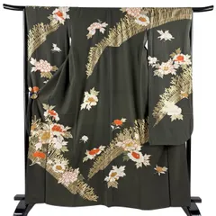 振袖 身丈164cm 裄丈66cm M 袷 千總 牡丹 柴垣 金糸 金彩 深緑 正絹 逸品 【中古】のサムネイル