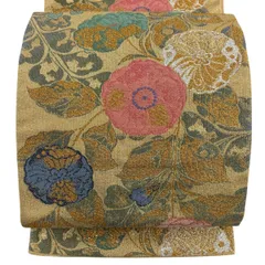 袋帯 名品 草花 金糸 箔 金色 六通 正絹 【中古】