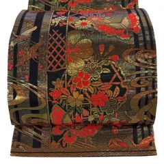 【美品】 袋帯 秀品 関西仕立て 蝶 草花 箔 金色 全通 正絹 【中古】