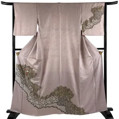 訪問着 身丈162cm 裄丈65.5cm M 袷 草花 逆さ雲取り 刺繍 絞り 薄紫 正絹 秀品 【中古】のサムネイル