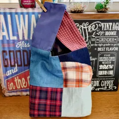 46☆USEDデニムシャツリメイク☆サブバッグ☆マイバッグ☆便利バッグ☆パッチワーク☆エコバッグ☆