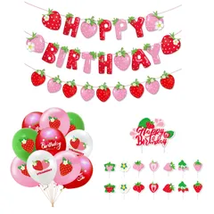 【在庫セール】セット ケーキトッパー パーティーバナー イチゴガーランド 可愛い 記念日 デコレーション パーティー キュート 飾り付け いちご バースデーバルーン 誕生日風船