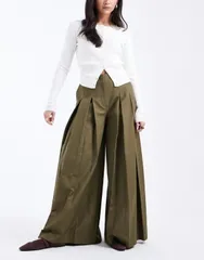 エイソス レディース ボトムス カジュアルパンツ ワイドレッグ プリーツ ASOS DESIGN tailored pleated wide leg pants khaki カーキ