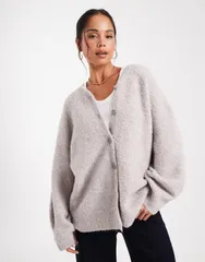 エイソス レディース アウター カーディガン Vネック ASOS DESIGN oversized high v neck boyfriend cardigan in boucle Gray グレー