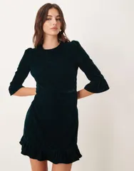 ノーバディーズ チャイルド レディース トップス ワンピース ミニワンピース フリル ミニ ベルベット Nobodys Child Fleur velvet ruffle sleeve mini dress in dark GREEN グリーン