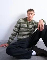 トップマン メンズ トップス ポロシャツ リラックスフィット シャツ ニット Topman relaxed fit striped knit polo shirt Khaki カーキのサムネイル