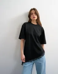 トップショップ レディース トップス Tシャツ レーストリム レース Topshop waisted lace trim tee Black ブラック