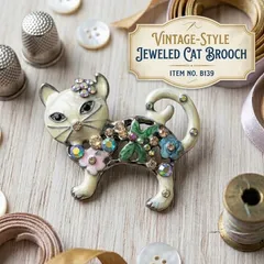 【B139】北欧風 ヴィンテージ 猫 ブローチ 花 ビジュー レトロ アンティーク エナメル 宝石