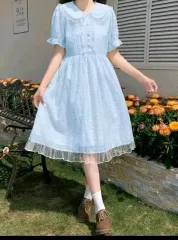 ベビードール スカイブルー ミント レース襟 ONE PIECE 少女 レース CHECK 半袖 ミディ プリンセス