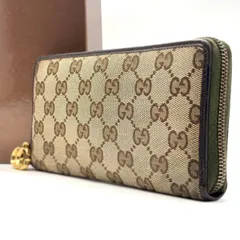 【品よく揺れるGG】　GUCCI　長財布 ラウンドファスナー GGキャンバス 12カード GGチャーム　ブラウン