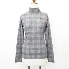 プーマ PUMA ゴルフ スポーツウエア シャツ 長袖 ハイネック 左肩開き チェック グレー 赤 レッド M