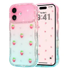 LAPOPNUT iPhone 16 用 ケース 可愛い キラキラ ラメ 3Dデコレーション いちご さくらんぼ アイスクリーム かわいい スマホケース 半透明 ウェーブフレーム グラデーション 耐衝撃 保護 軽量 あいふおん16 用 携帯ケース スマホカバー