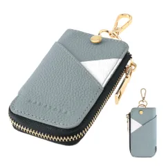 新品 [HANATORA] キーケース スマートキー カードポケット ファスナー式 本革 レザー キーリング キーホルダー 車の鍵 家の鍵 カード 収納 ポケット リング カラビナ 駐車券 キーレス ブルーグレー HKK01-BlueGray