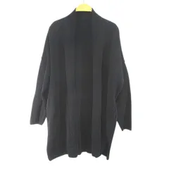 ミューズ MUSE 長袖 カーディガン ニット ミドル丈 前開き 黒系 ブラック 日本製 ロゴプレート 無地