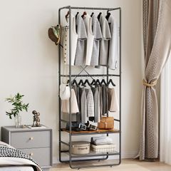 【新匠】 ハンガーラック 幅60×奥行40×高さ176cm ハンガーラック スリム 頑丈 棚付き 洋服ラック しゃれ 2段 洋服掛け ラック 服 木製 キャスター付き 耐荷重90kg (ブラック)t 77555c8d