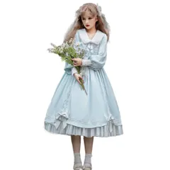新品 [トクとユウ] ワンピース ロリータ ガールズ 長袖 ウサギ耳 ゴスロリ 蝶結び リポン 洋服 lolita コスプレ かわいい 水色 女装 服 衣装 撮影 甘ロリ 学院風 イベント (ブルー M)