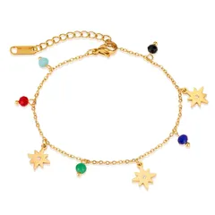 【特価商品】クリスマス 誕生日 プレゼント ギフト 調整可能 キュービックジルコニア 赤黒緑 カラフル スターチャーム ステンレス 細いチェーン ゴールド レディース ブレスレット