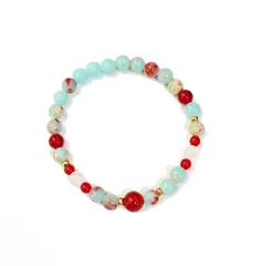 【新着商品】ゴールド ビーズ アクセント付き ジャスパー レッド 伸縮性 と パワーストーン アクアマリンブルー ブレスレット アクセサリー 天然石