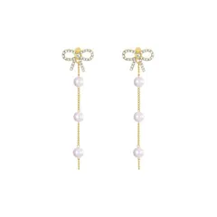 【新品】 AREUM パールピアス レディース ホワイト プチプラ 人気 揺れる 可愛い 両耳 ジュエリー 高見え プレゼント ギフト (リボン パールチェーン) 0